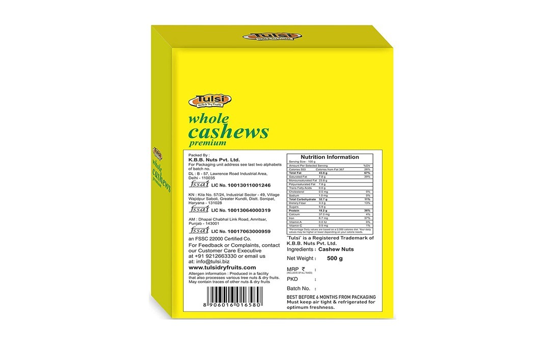 Tulsi Nuts & Dry Fruits Whole Cashews Premium    Box  500 grams